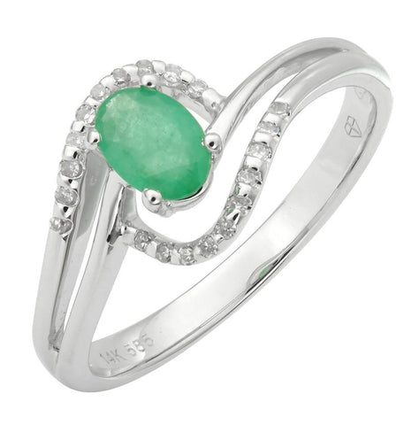 0.1 Ctw Diamond 14k White Gold Emerald Round Shape Womens Gemstone Ring