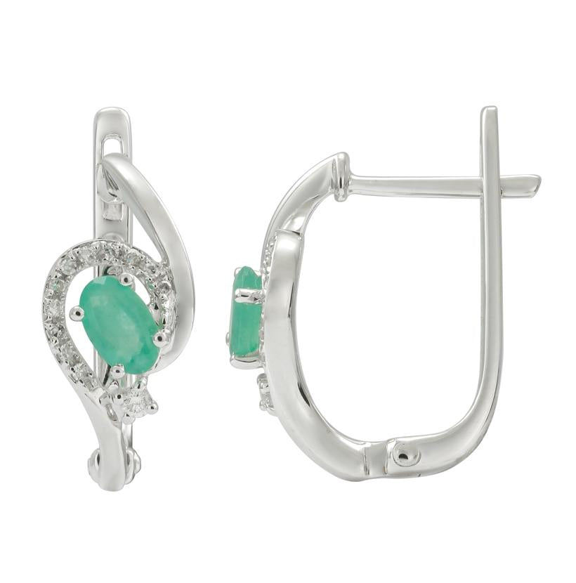 0.11 Ctw Diamond 14k White Gold Emerald Round Shape Womens Gemstone Earrings