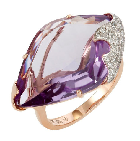 0.18 Ctw Diamond 14k Rose Gold Amethyst Round Shape Womens Gemstone Ring