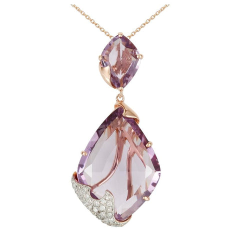 0.19 Ctw Diamond 14k Rose Gold Amethyst Round Shape Womens Gemstone Necklace Pendant With 16 Inch Chain