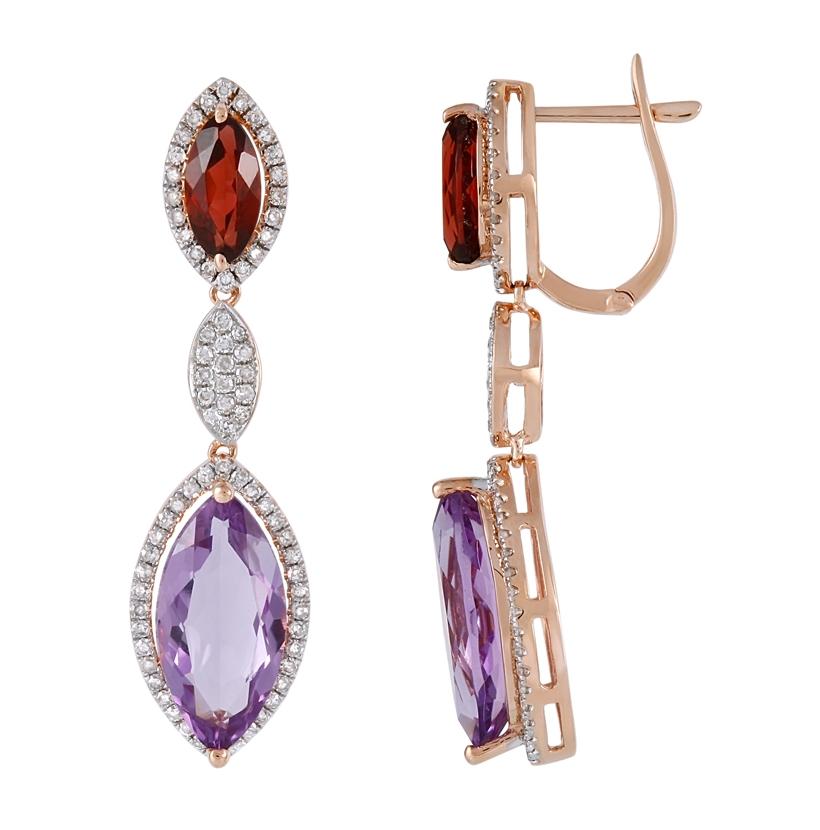 0.6 Ctw Diamond 14k Rose Gold Garnet Amethyst Round Shape Womens Gemstone Earrings