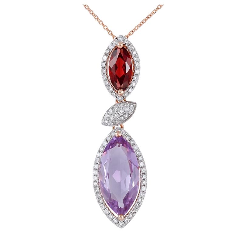 0.34 Ctw Diamond 14k Rose Gold Amethyst Turquoise Round Shape Womens Gemstone Necklace Pendant With 16 Inch Chain