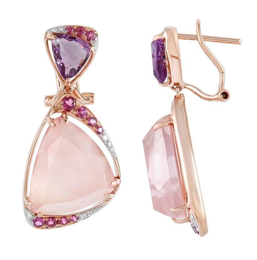 0.09 Ctw Diamond 14k Rose Gold Quartz Rhodolite Amethyst Round Shape Womens Gemstone Earrings