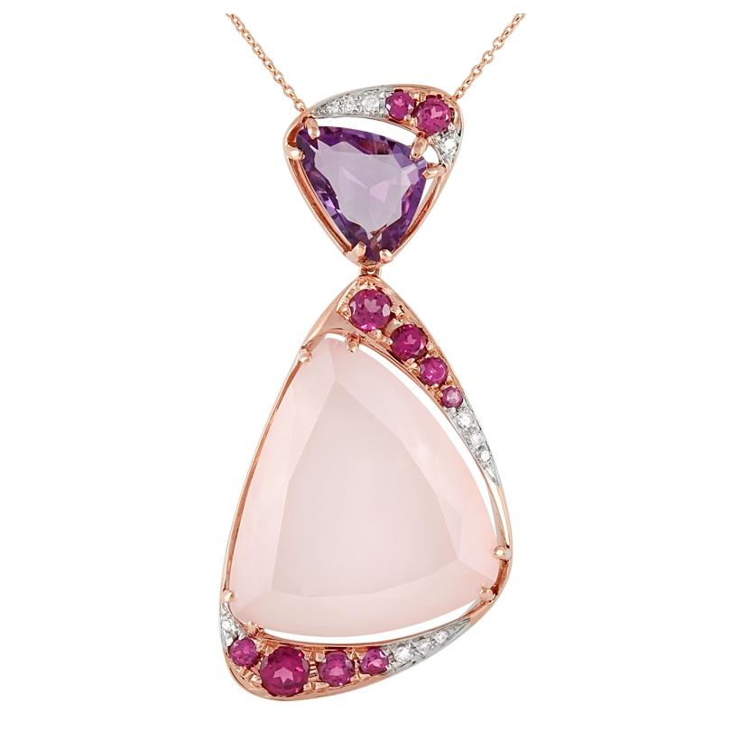 0.07 Ctw Diamond 14k Rose Gold Quartz Amethyst Rhodolite Round Shape Womens Gemstone Necklace Pendant With 16 Inch Chain