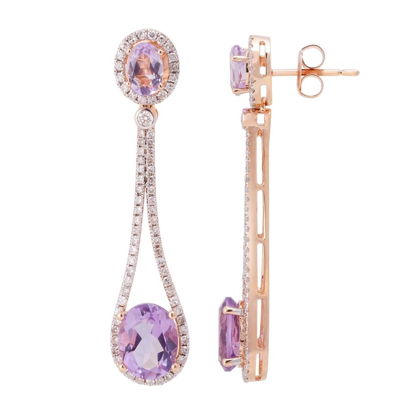 0.88 Ctw Diamond 14k Rose Gold Amethyst Round Shape Womens Gemstone Earrings