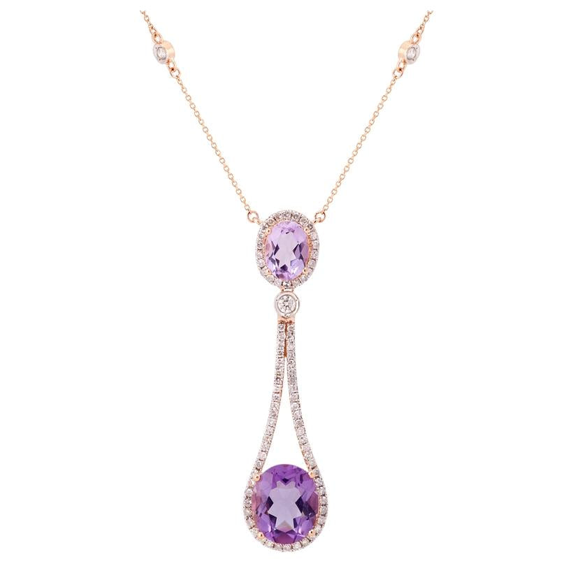 0.67 Ctw Diamond 14k Rose Gold Amethyst Peridot Round Shape Womens Gemstone Necklace Pendant With 16 Inch Chain