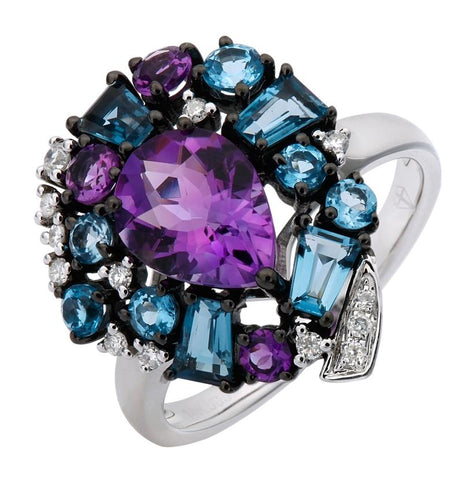0.12 Ctw Diamond 14k White Gold Amethyst Multi-color Round Shape Womens Gemstone Ring