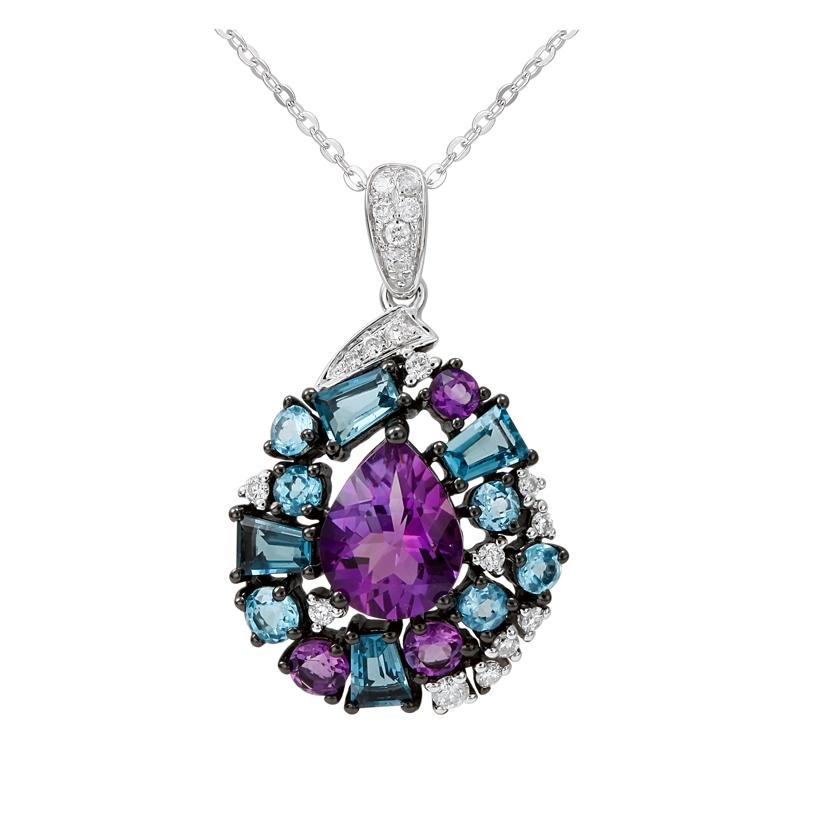 0.18 Ctw Diamond 14k White Gold Amethyst Multi-color Round Shape Womens Gemstone Necklace Pendant With 16 Inch Chain