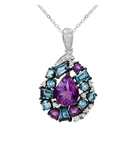 0.18 Ctw Diamond 14k White Gold Amethyst Multi-color Round Shape Womens Gemstone Necklace Pendant With 16 Inch Chain