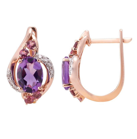 0.1 Ctw Diamond 14k Rose Gold Amethyst Peridot Round Shape Womens Gemstone Earrings