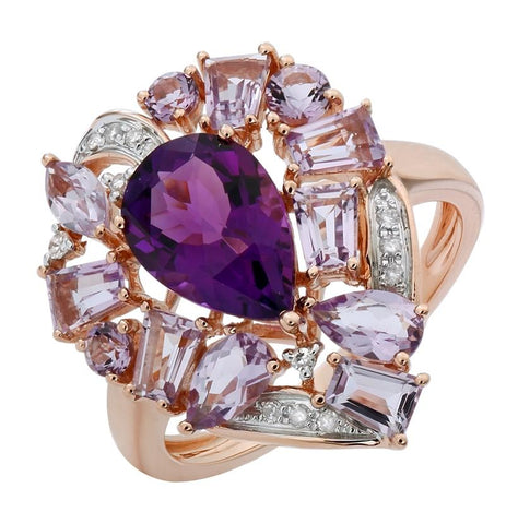 0.07 Ctw Diamond 14k Rose Gold Amethyst Sapphire Round Shape Womens Gemstone Ring