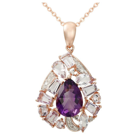 0.07 Ctw Diamond 14k Rose Gold Amethyst Round Shape Womens Gemstone Necklace Pendant With 16 Inch Chain