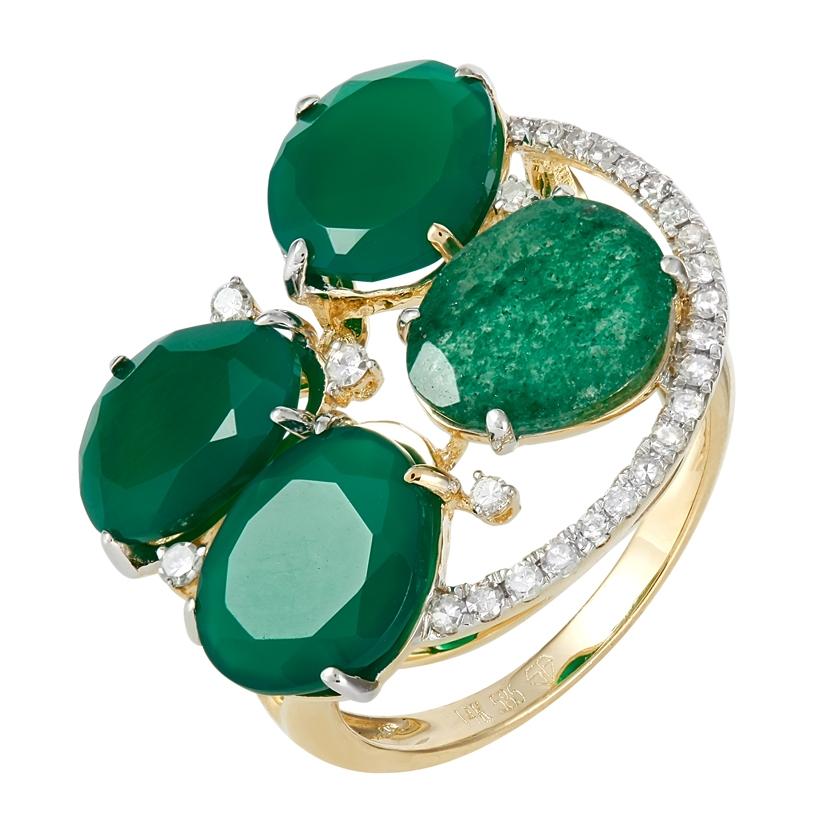 0.21 Ctw Diamond 14k Yellow Gold Agate Aventurine Round Shape Womens Gemstone Ring