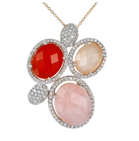 0.64 Ctw Diamond 14k Rose Gold Agate Moon Stone Opal Round Shape Womens Gemstone Necklace Pendant With 16 Inch Chain