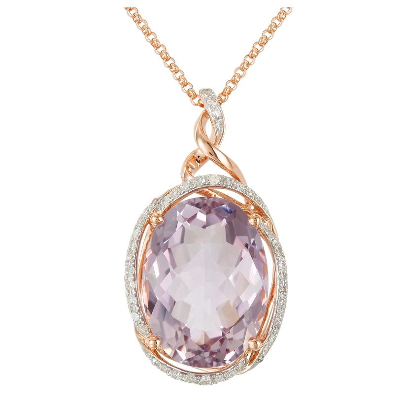 0.17 Ctw Diamond 14k Rose Gold Amethyst Round Shape Womens Gemstone Necklace Pendant With 16 Inch Chain