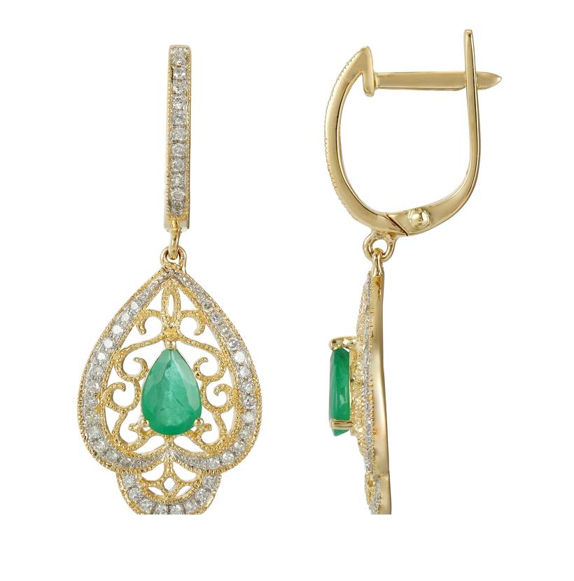 0.28 Ctw Diamond 14k Yellow Gold Emerald Round Shape Womens Gemstone Earrings