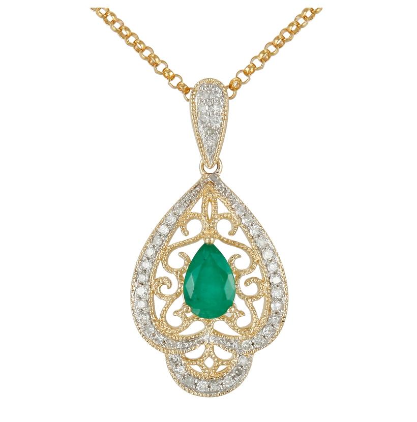 0.13 Ctw Diamond 14k Yellow Gold Emerald Round Shape Womens Gemstone Necklace Pendant With 16 Inch Chain