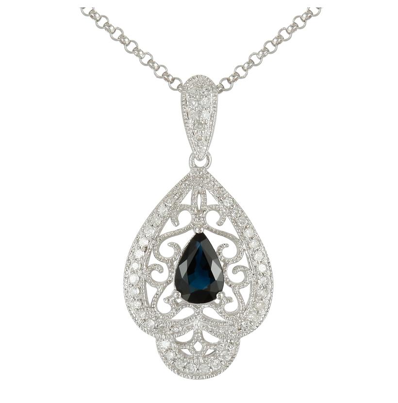 0.13 Ctw Diamond 14k White Gold Sapphire Round Shape Womens Gemstone Necklace Pendant With 16 Inch Chain