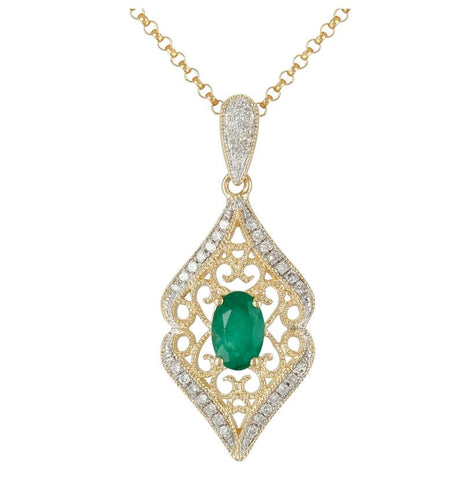 0.11 Ctw Diamond 14k Yellow Gold Emerald Round Shape Womens Gemstone Necklace Pendant With 16 Inch Chain