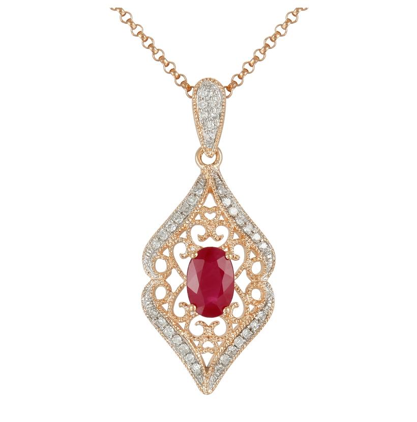 0.11 Ctw Diamond 14k Rose Gold Ruby Round Shape Womens Gemstone Necklace Pendant With 16 Inch Chain