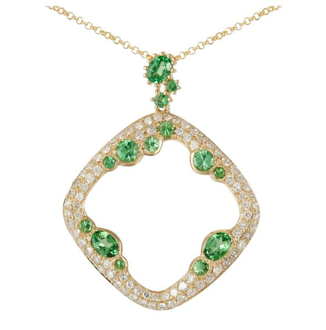 0.55 Ctw Diamond 14k Yellow Gold Tsavorite Round Shape Womens Gemstone Necklace Pendant With 16 Inch Chain