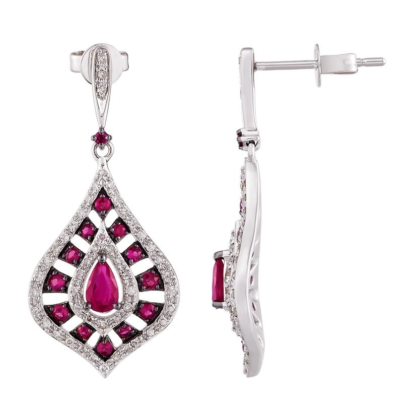 0.33 Ctw Diamond 14k White Gold Ruby Round Shape Womens Gemstone Earrings