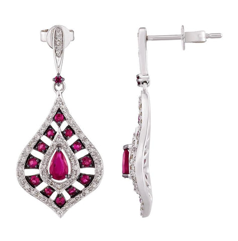 0.33 Ctw Diamond 14k White Gold Ruby Round Shape Womens Gemstone Earrings