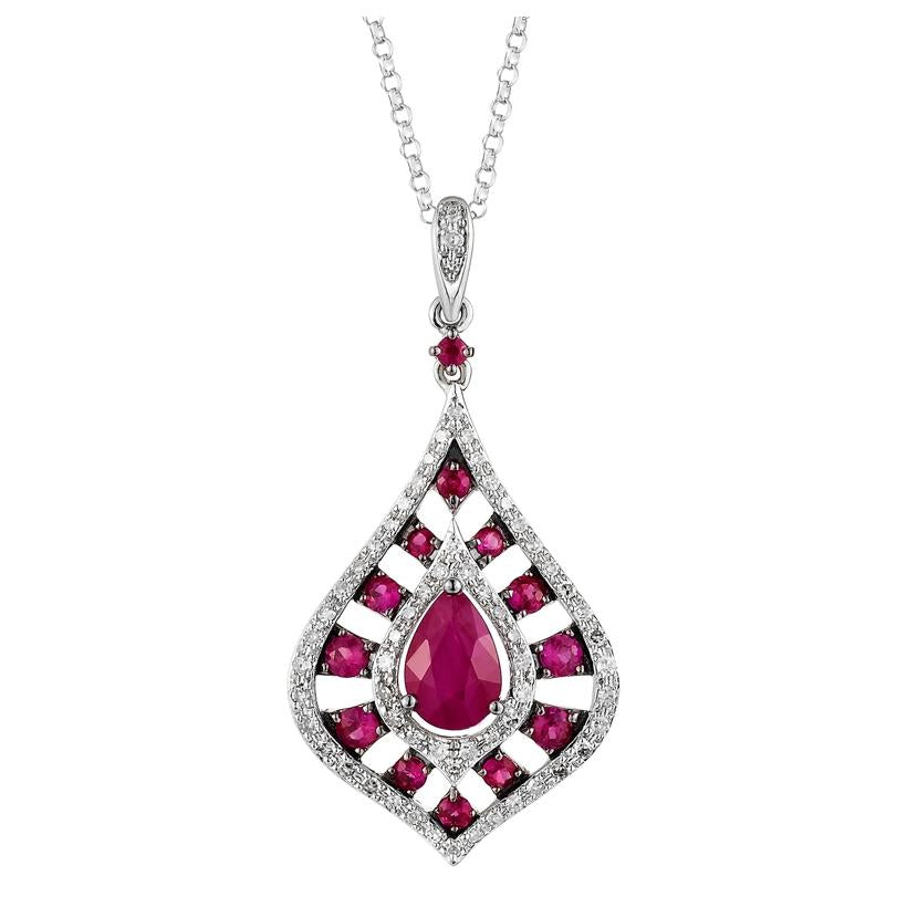 0.22 Ctw Diamond 14k White Gold Ruby Round Shape Womens Gemstone Necklace Pendant With 16 Inch Chain