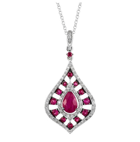 0.22 Ctw Diamond 14k White Gold Ruby Round Shape Womens Gemstone Necklace Pendant With 16 Inch Chain