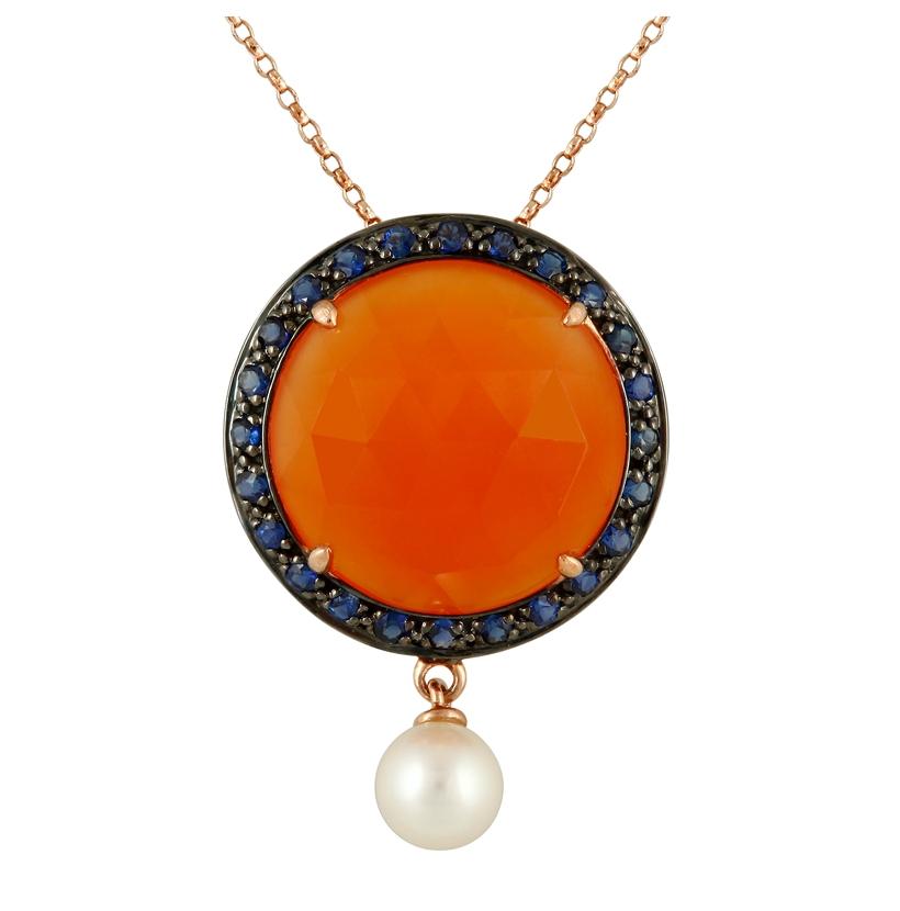 14k Rose Gold Sapphire Carnelian Round Shape Womens Gemstone Necklace Pendant With 16 Inch Chain