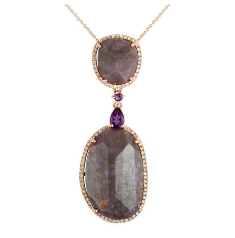 0.35 Ctw Diamond 14k Rose Gold Jade Amethyst Round Shape Womens Gemstone Necklace Pendant With 16 Inch Chain