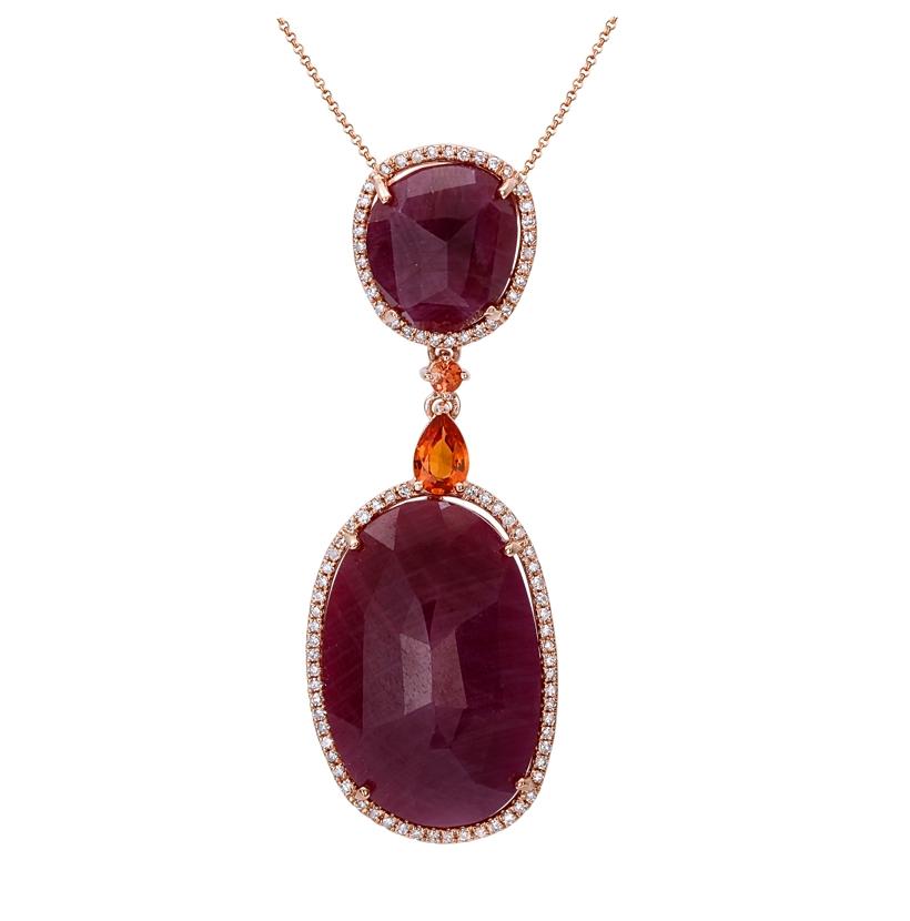 0.37 Ctw Diamond 14k Rose Gold Sapphire Ruby Round Shape Womens Gemstone Necklace Pendant With 16 Inch Chain