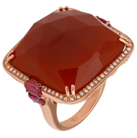 0.17 Ctw Diamond 14k Rose Gold Agate Ruby Round Shape Womens Gemstone Ring
