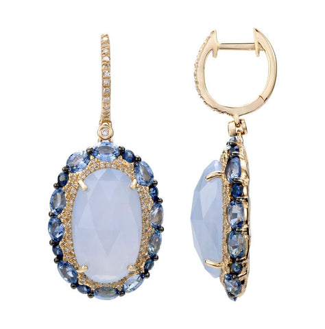 0.65 Ctw Diamond 14k Yellow Gold Sapphire Chalcedony Round Shape Womens Gemstone Earrings