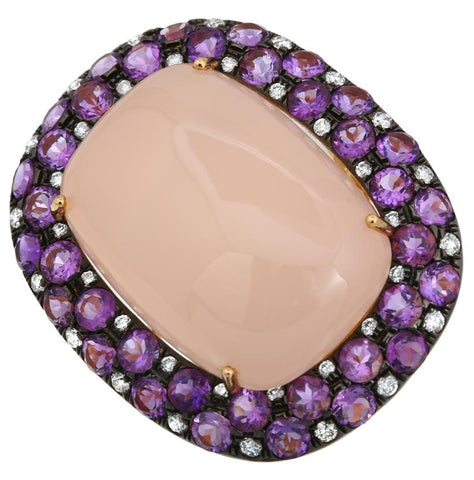 0.46 Ctw Diamond 14k Rose Gold Chalcedony Amethyst Round Shape Womens Gemstone Ring