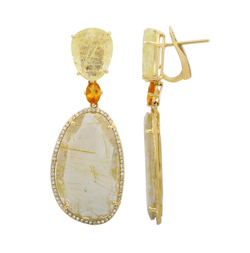 0.49 Ctw Diamond 14k Yellow Gold Quartz Citrine Round Shape Womens Gemstone Earrings