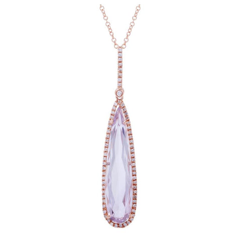 0.28 Ctw Diamond 14k Rose Gold Amethyst Round Shape Womens Gemstone Necklace Pendant With 16 Inch Chain