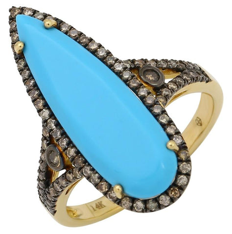 0.45 Ctw Diamond 14k Yellow Gold Turquoise Round Shape Womens Gemstone Ring