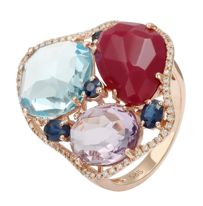 0.16 Ctw Diamond 14k Rose Gold Sapphire Multi-color Round Shape Womens Gemstone Ring