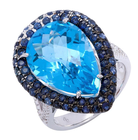 0.2 Ctw Diamond 14k White Gold Sapphire Topaz Round Shape Womens Gemstone Ring
