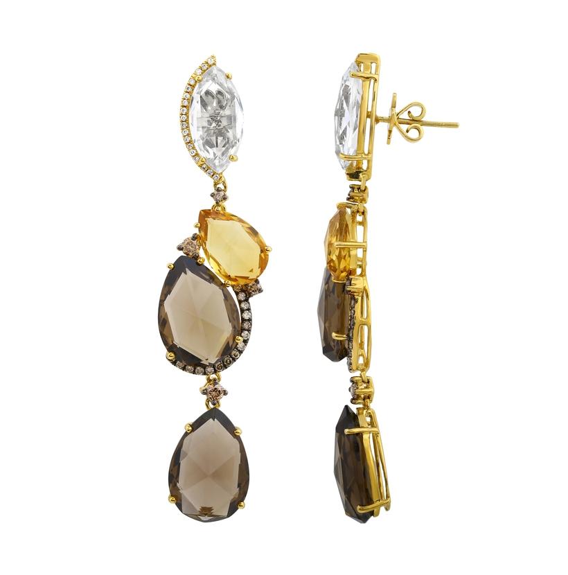 1.03 Ctw Diamond 14k Yellow Gold Topaz Multi-color Round Shape Womens Gemstone Earrings