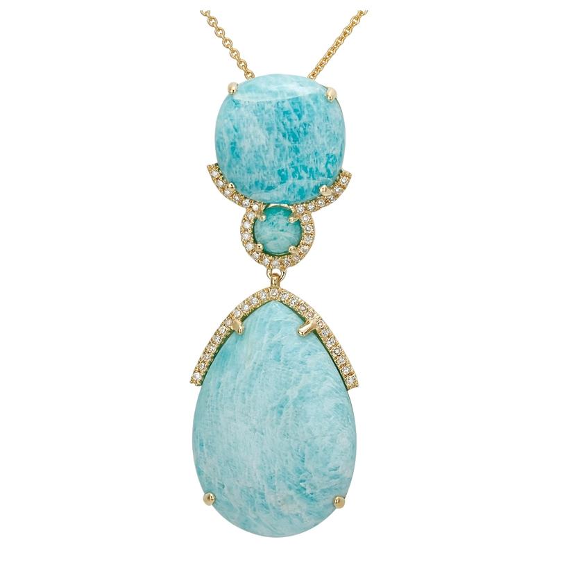 0.19 Ctw Diamond 14k Yellow Gold Amazonite Round Shape Womens Gemstone Necklace Pendant With 16 Inch Chain