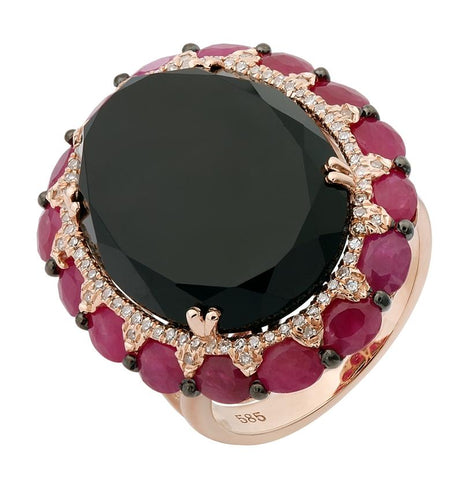 0.2 Ctw Diamond 14k Rose Gold Onyx Ruby Round Shape Womens Gemstone Ring