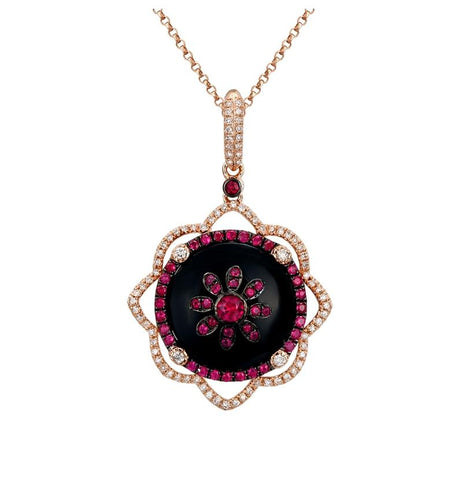 0.32 Ctw Diamond 14k Rose Gold Ruby Onyx Round Shape Womens Gemstone Necklace Pendant With 16 Inch Chain