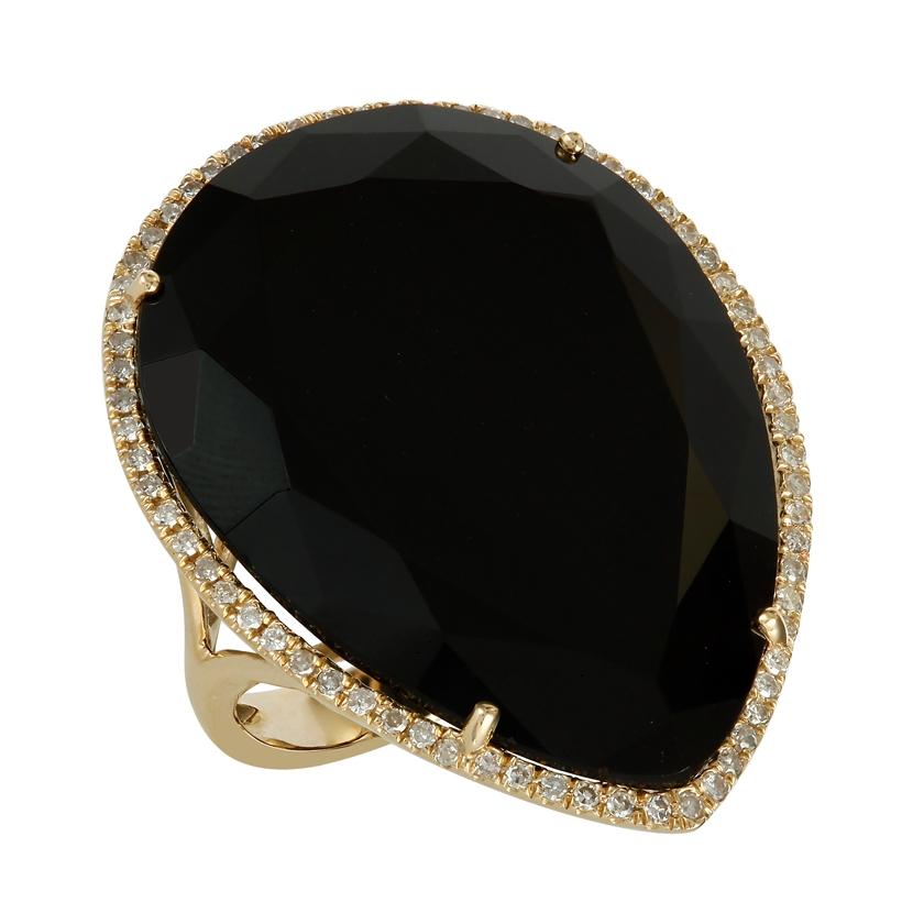 0.36 Ctw Diamond 14k Yellow Gold Onyx Round Shape Womens Gemstone Ring