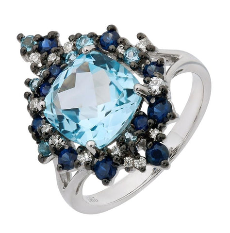 0.16 Ctw Diamond 14k White Gold Sapphire Topaz Round Shape Womens Gemstone Ring