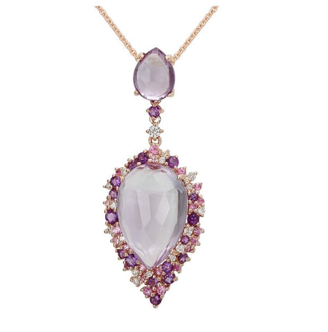 0.24 Ctw Diamond 14k Rose Gold Sapphire Amethyst Round Shape Womens Gemstone Necklace Pendant With 16 Inch Chain