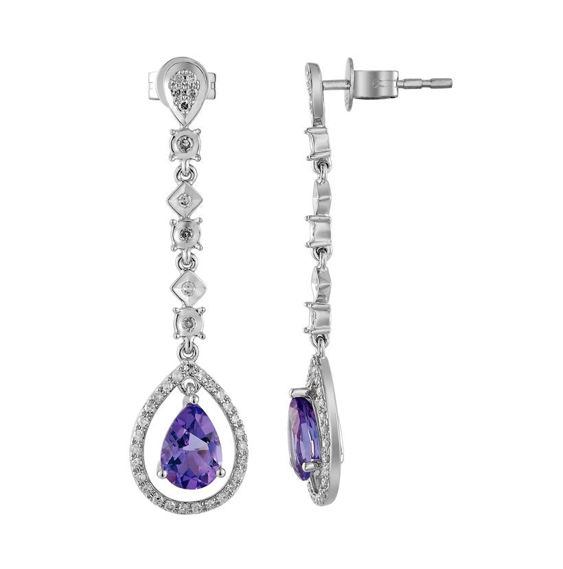 0.25 Ctw Diamond 14k White Gold Amethyst Round Shape Womens Gemstone Earrings