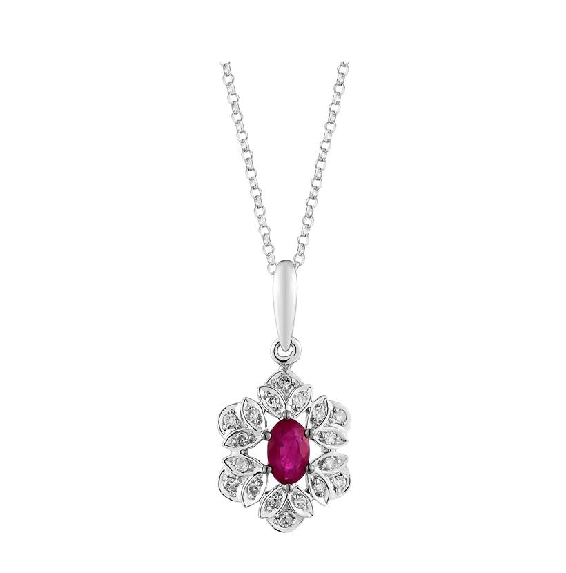 0.08 Ctw Diamond 14k White Gold Ruby Round Shape Womens Gemstone Necklace Pendant With 16 Inch Chain