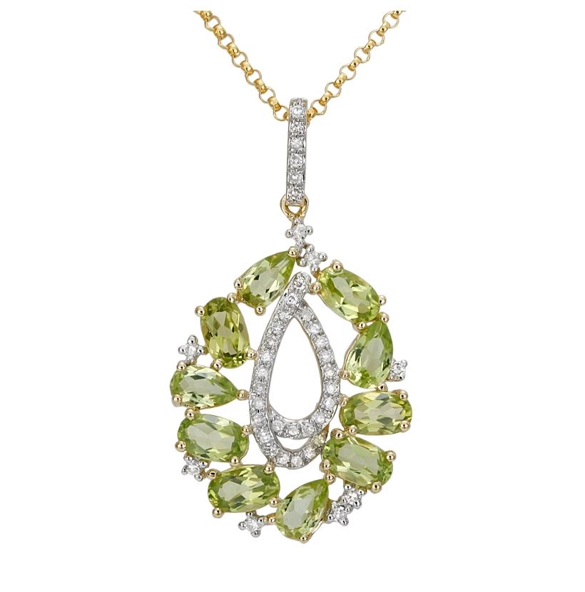 0.18 Ctw Diamond 14k Yellow Gold Peridot Round Shape Womens Gemstone Necklace Pendant With 16 Inch Chain